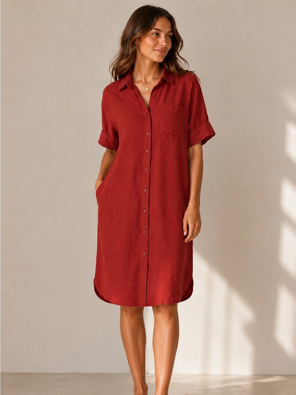 Linen Shirt Dress Burnt Orange Rust XS - S Button Front Collared